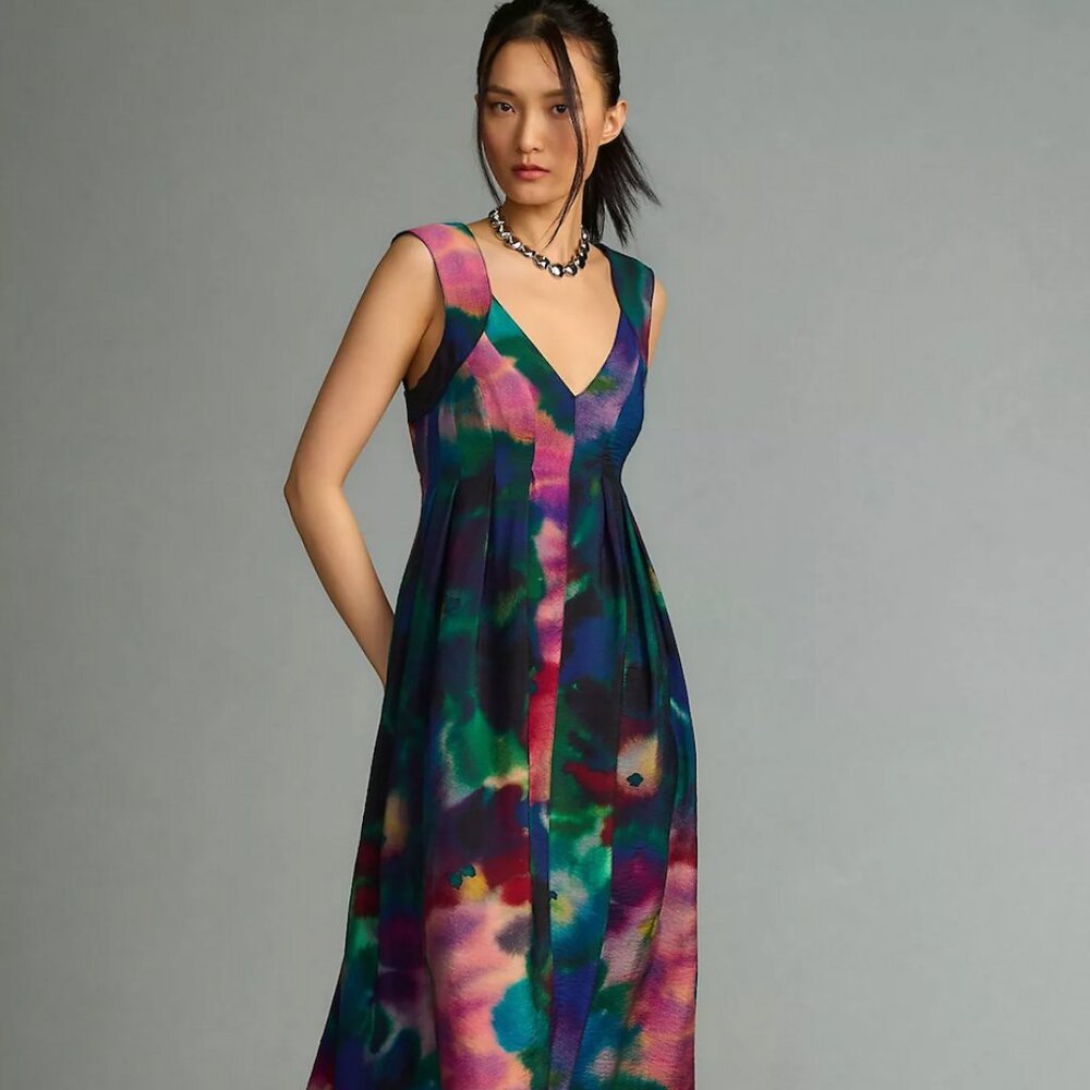 Anthropologie Watercolor Colorful Spring Summer V-Neck Pleated A-Line Dress Sz S